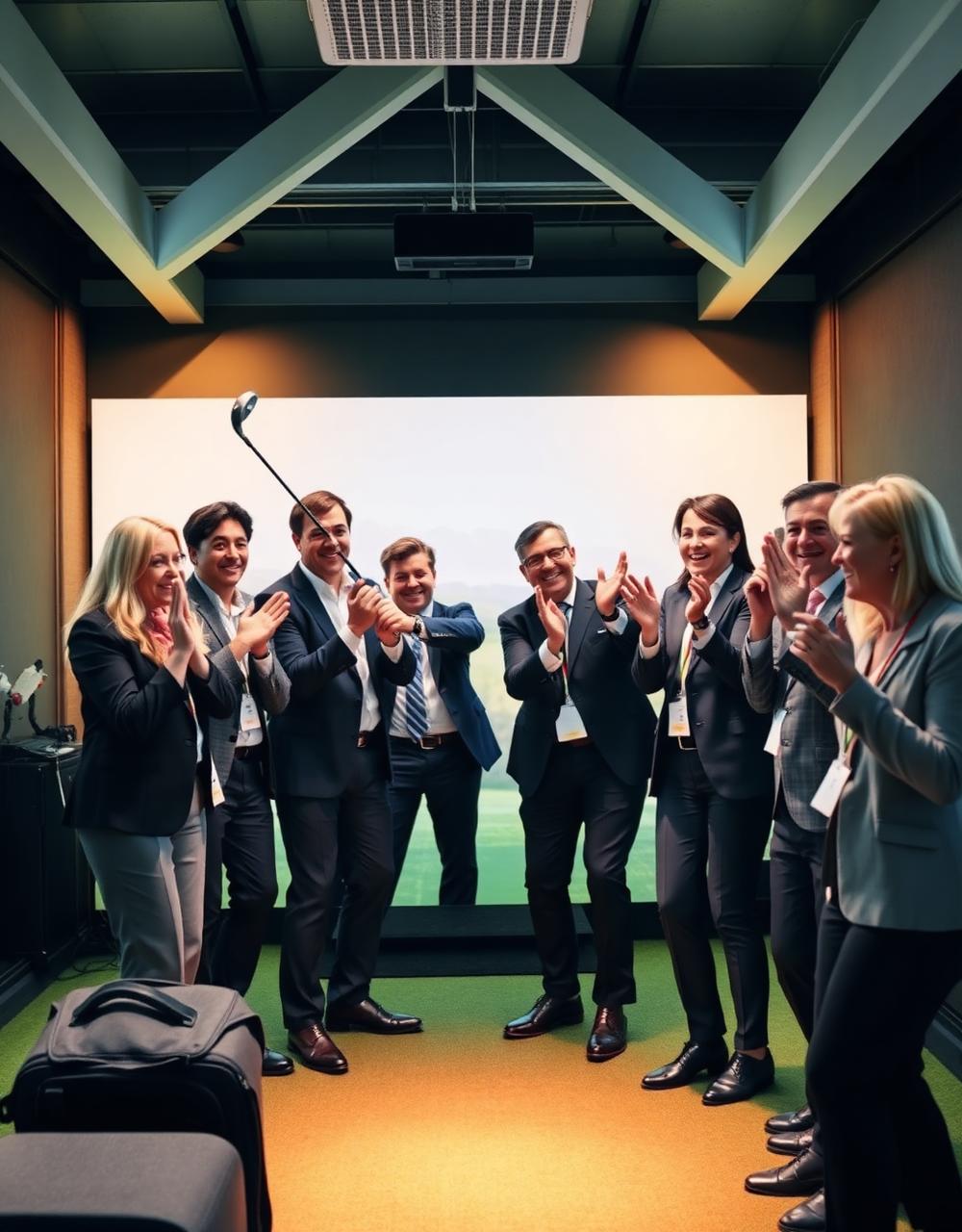 Corporate team cheering at a golf simulator event