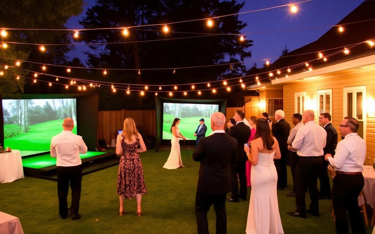 Backyard wedding reception with golf simulator under string lights