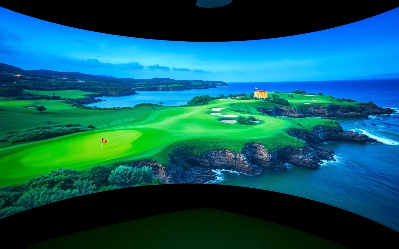 Coastal golf course rendered on a simulator screen
